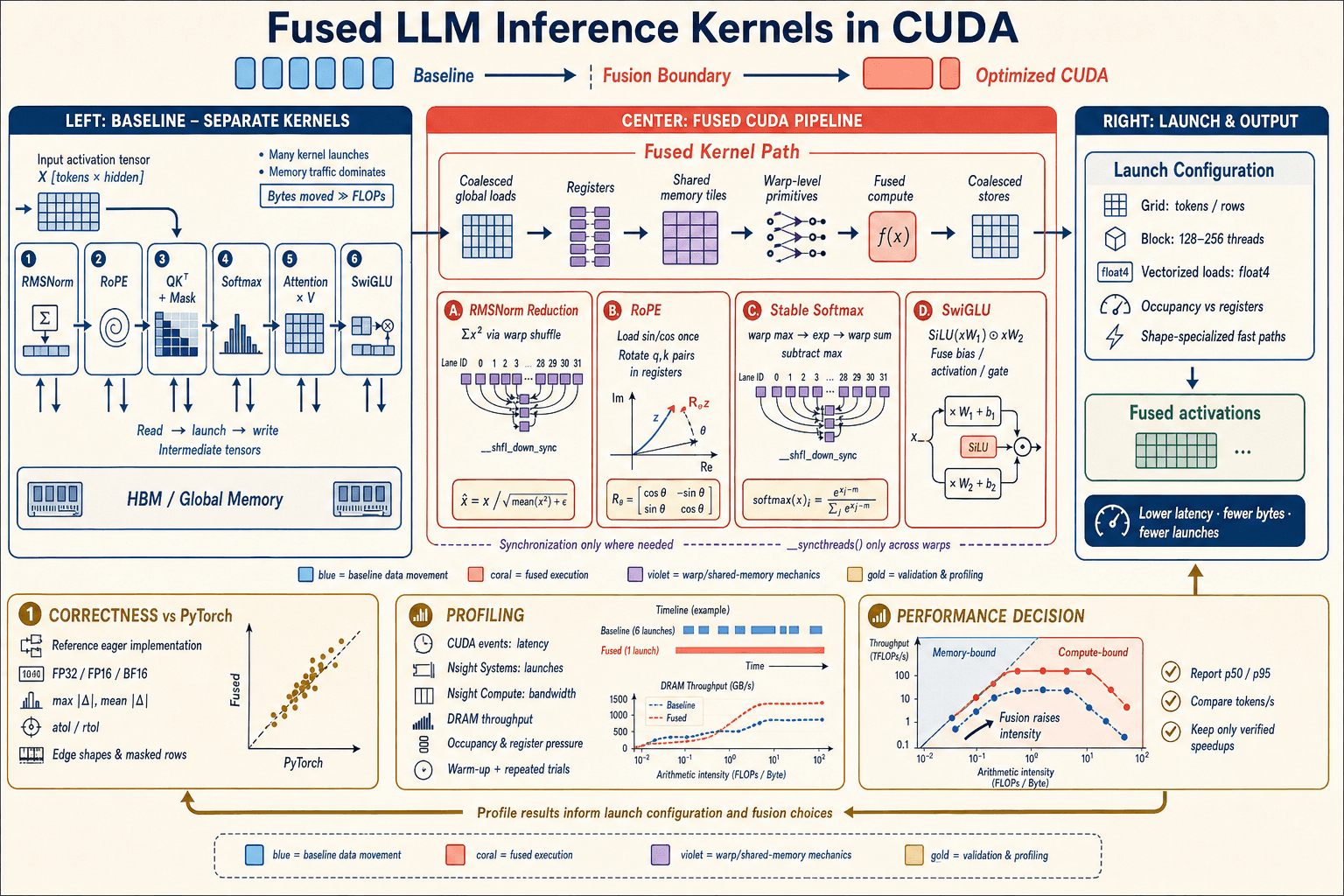 Fused LLM Inference Kernels first-principles architecture infographic