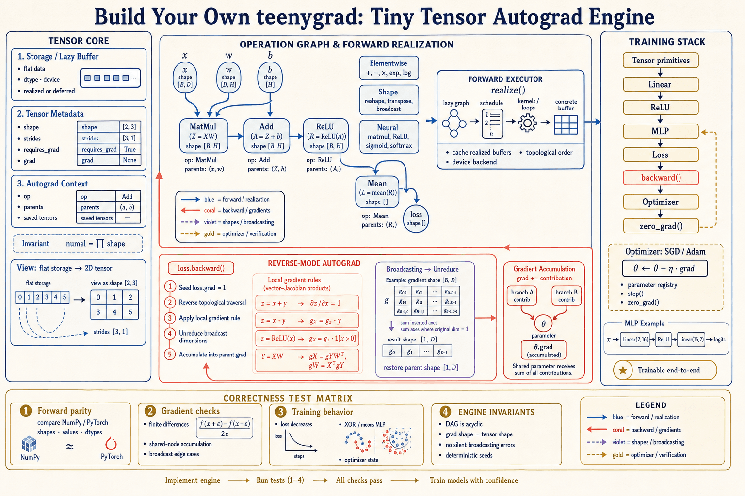 Build Your Own teenygrad first-principles architecture infographic