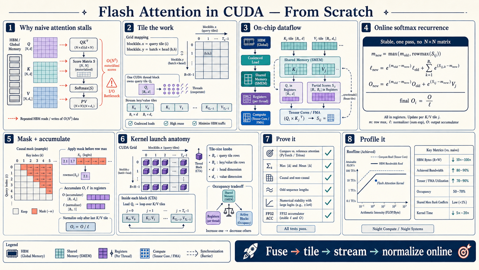 Flash Attention in CUDA first-principles architecture infographic
